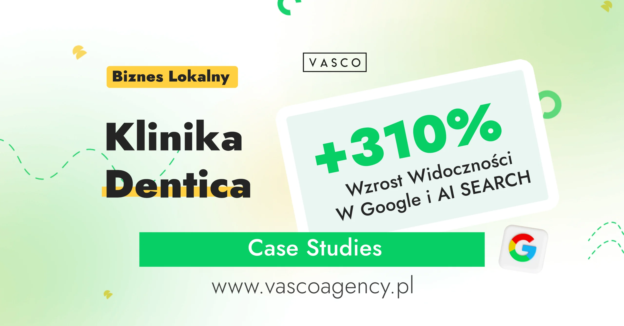 Poznaj case study kliniki stomatologicznej Dentica. W 5 miesięcy zwiększyliśmy rezerwacje online o 220%, widoczność w Google o 310% i obniżyliśmy koszt pacjenta o 42% dzięki SEO, SEM i AI SEO.