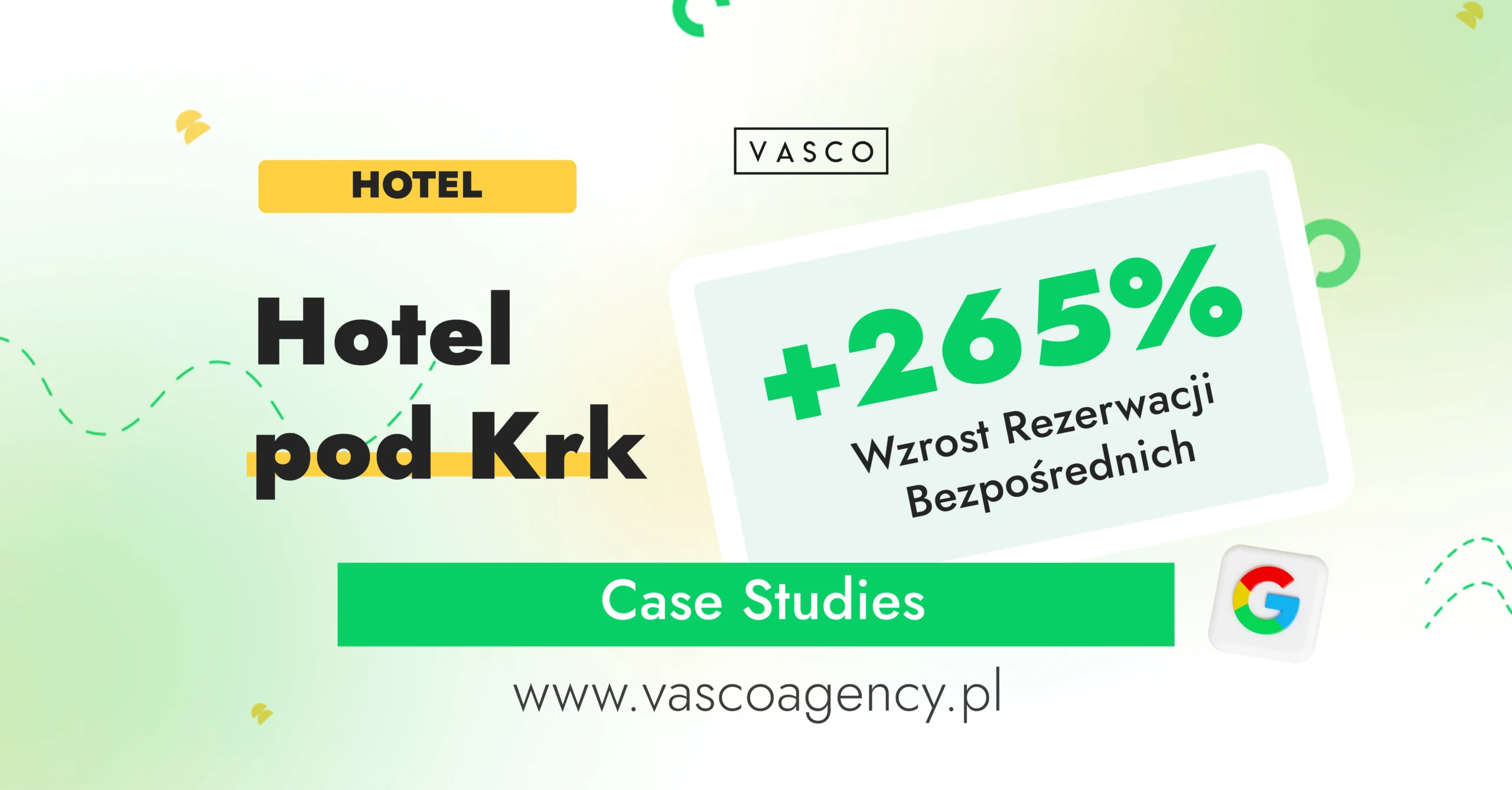 Case study hotelu pod Krakowem: w 6 miesięcy zwiększyliśmy rezerwacje bezpośrednie o 265%, widoczność w Google i AI Search o 310% i obniżyliśmy koszt pozyskania gościa o 37% dzięki SEO, SEM i AI SEO.